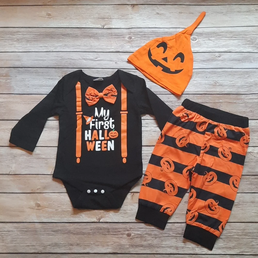 NWT My First Halloween Baby Boy Outfit Set 3PC Pumpkin Bodysuit Pants & Hat 3-6M